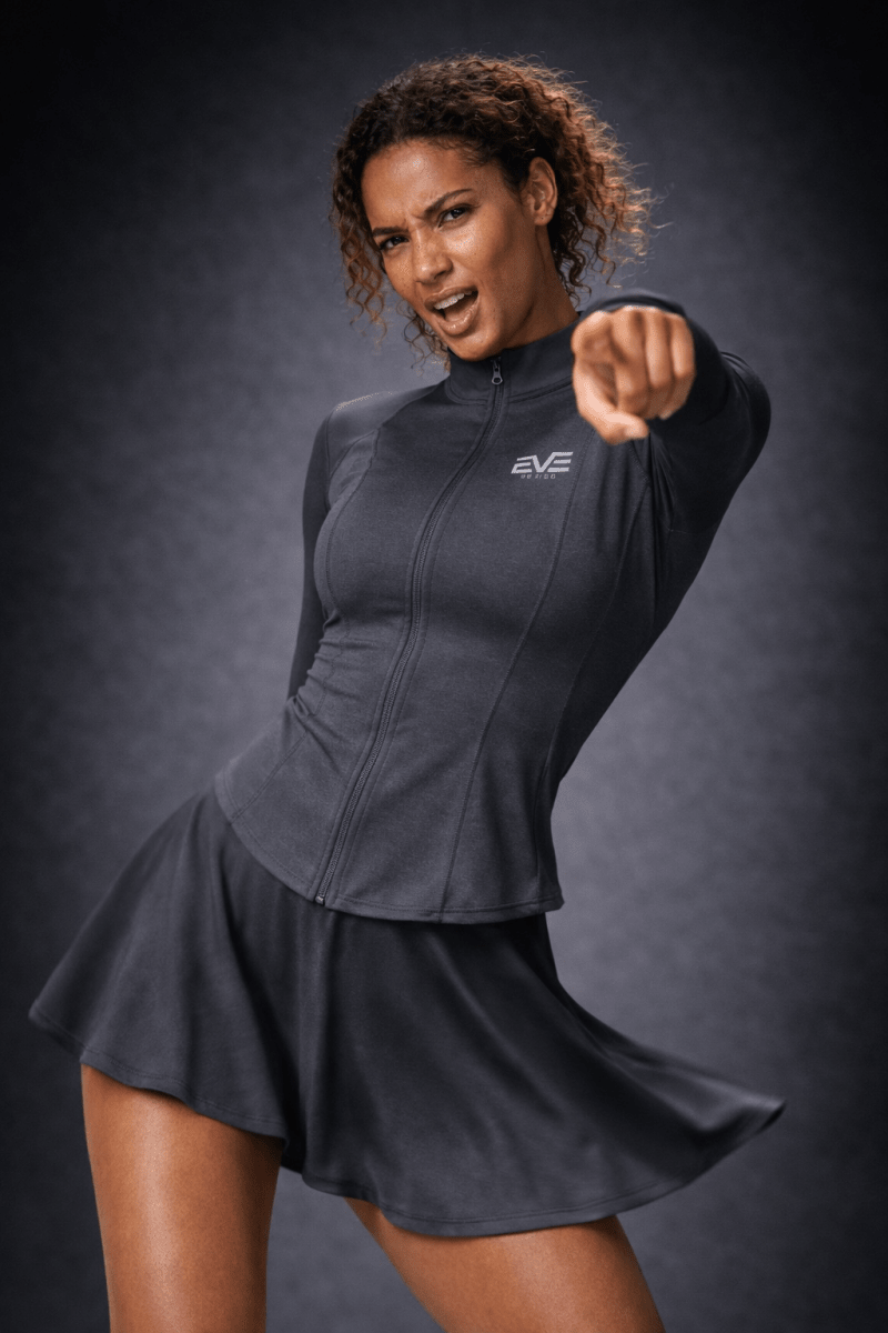 EVE Sculpt Tennis Dress Set – Zip Long Sleeve Jacket & Pleated Skirt - EVEPEACH